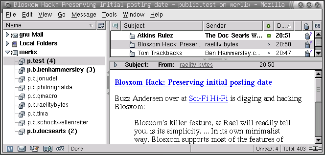 Screenshot of Mozilla newsreader reading aggregated RSS items