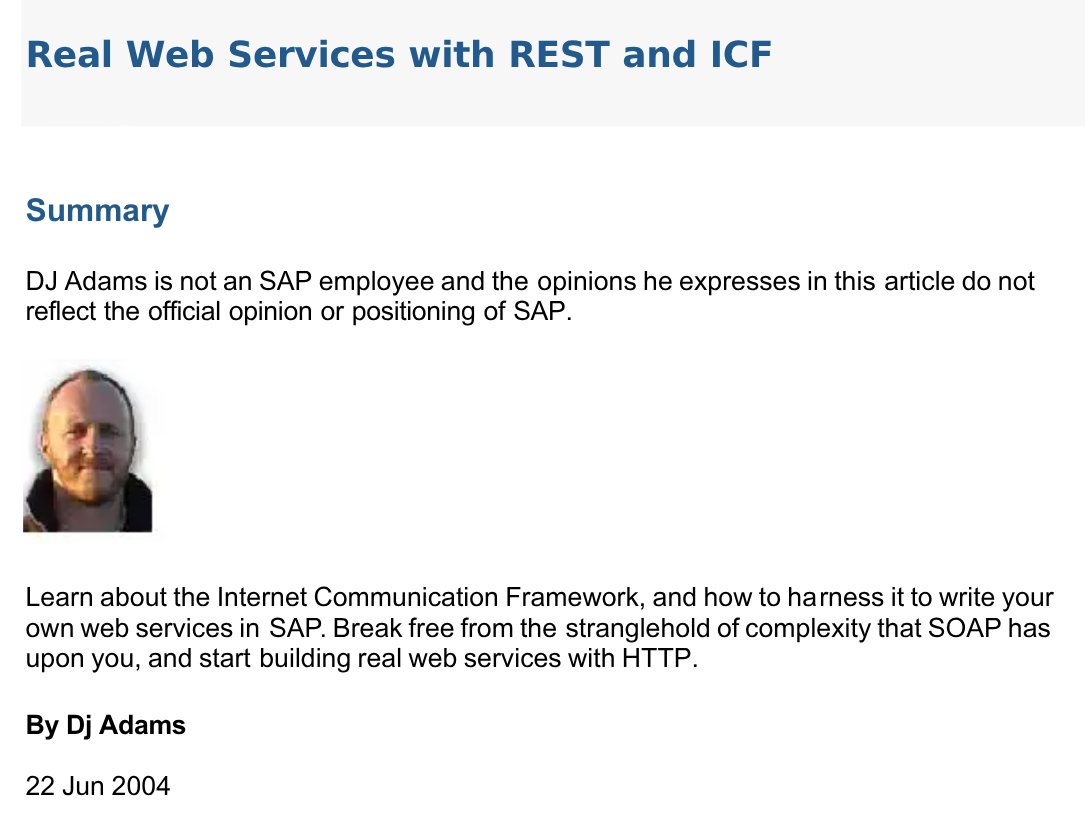 article header with disclaimer: "DJ Adams is not an SAP employee and the opinions he expresses in this article do not reflect the official position or positioning of SAP"