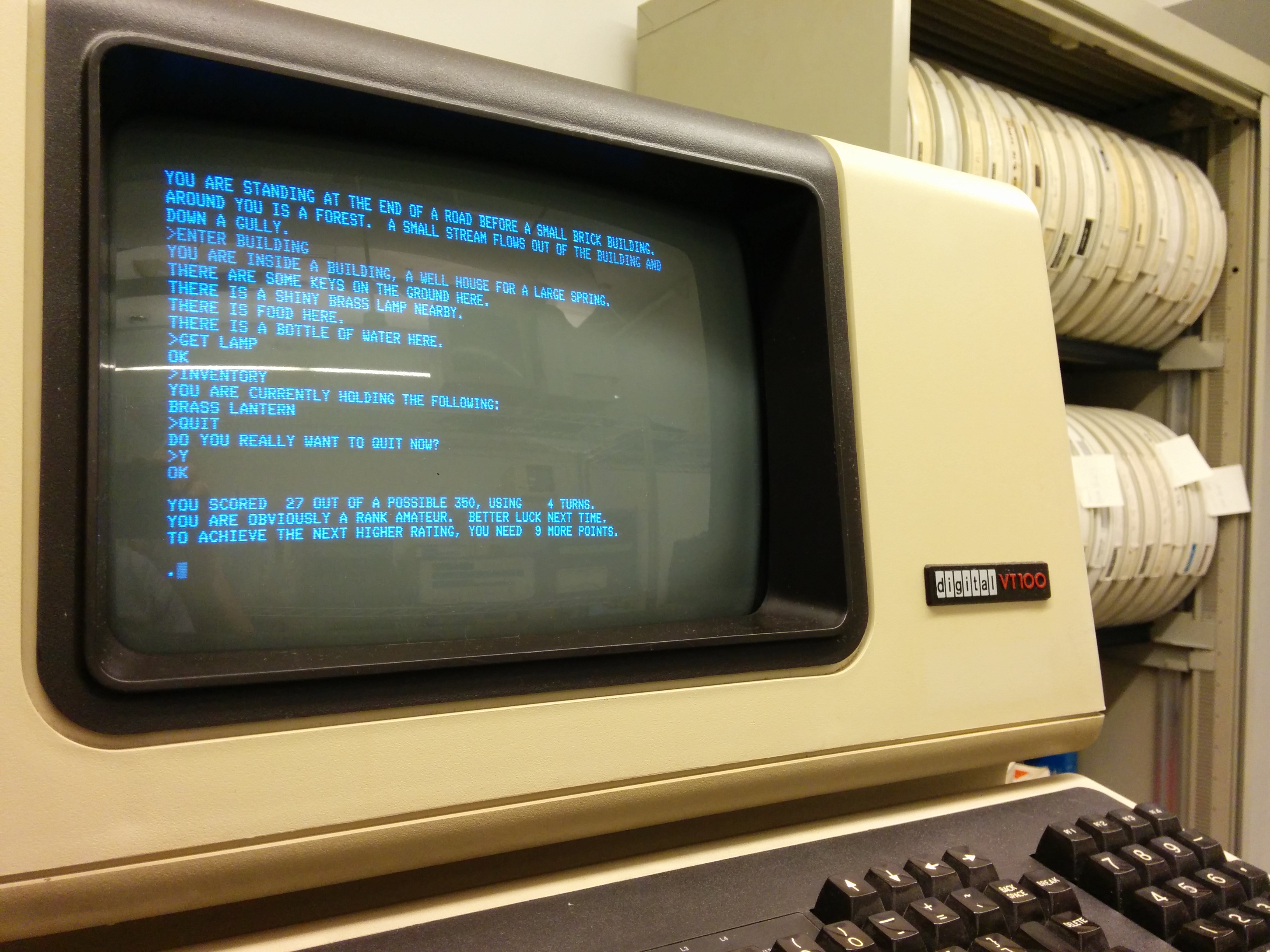 Photo of Colossal Cave being played on a VT100 terminal