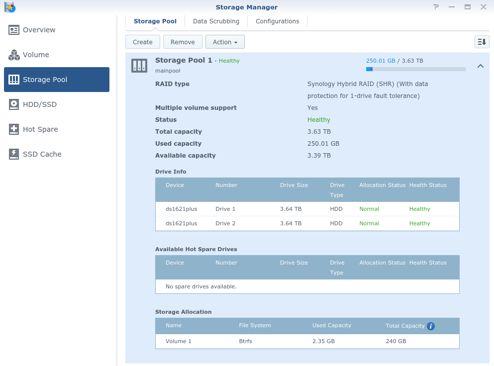 Status of Storage Pool 1 with 2 drives