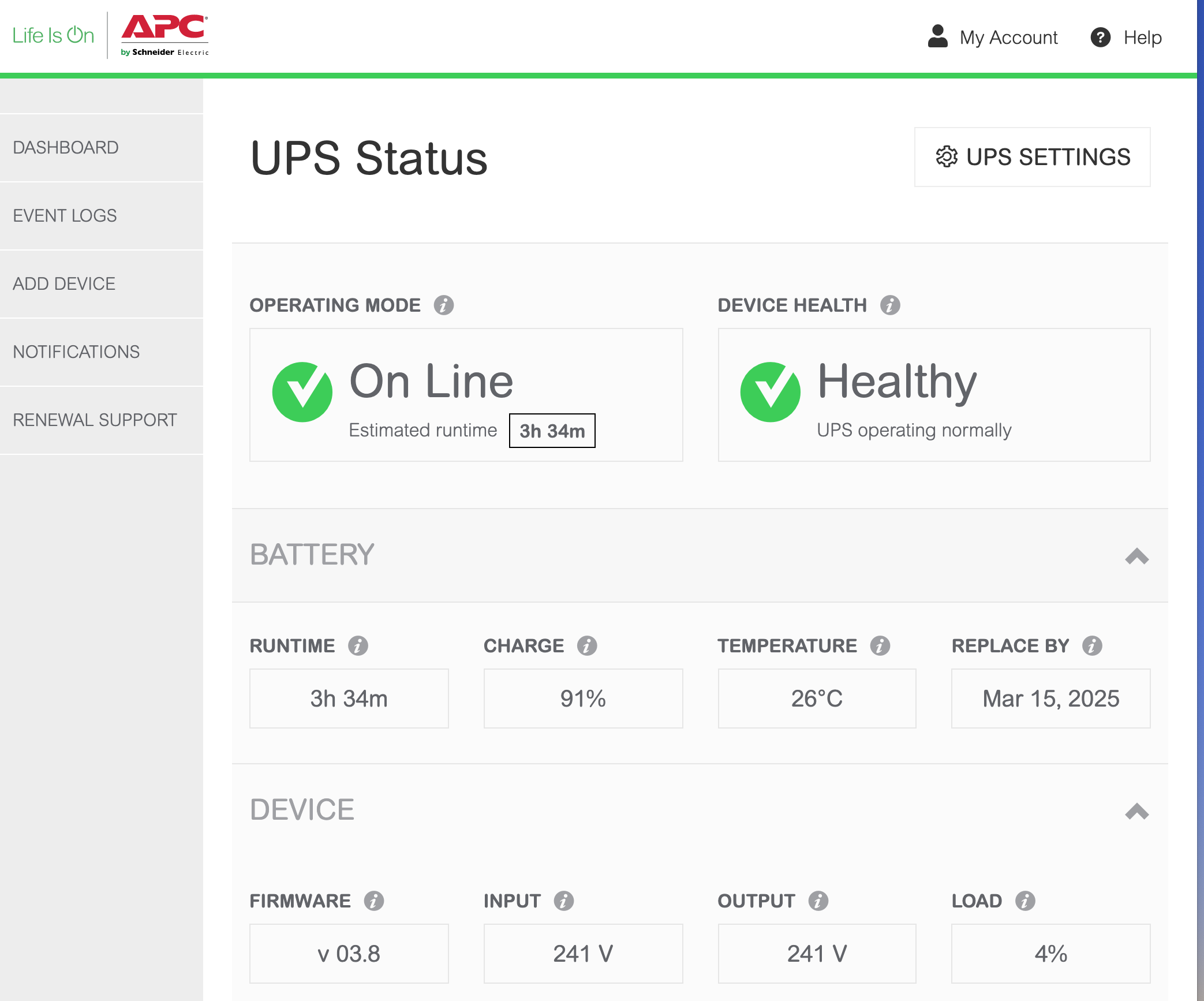 The UPS's normal status showing via the "cloud enabled" feature on APC's website