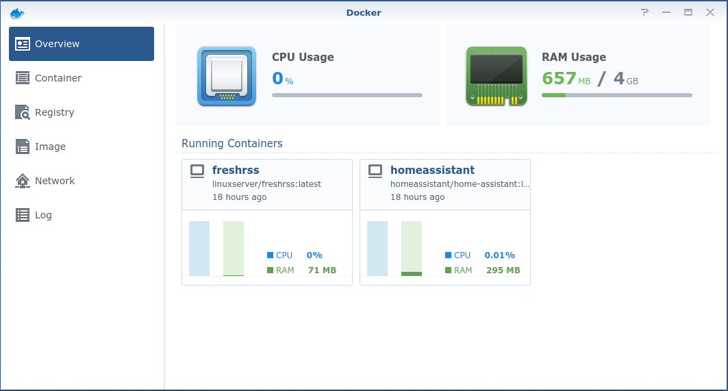 A screenshot of the Docker app installed on the Synology NAS, showing two running containers