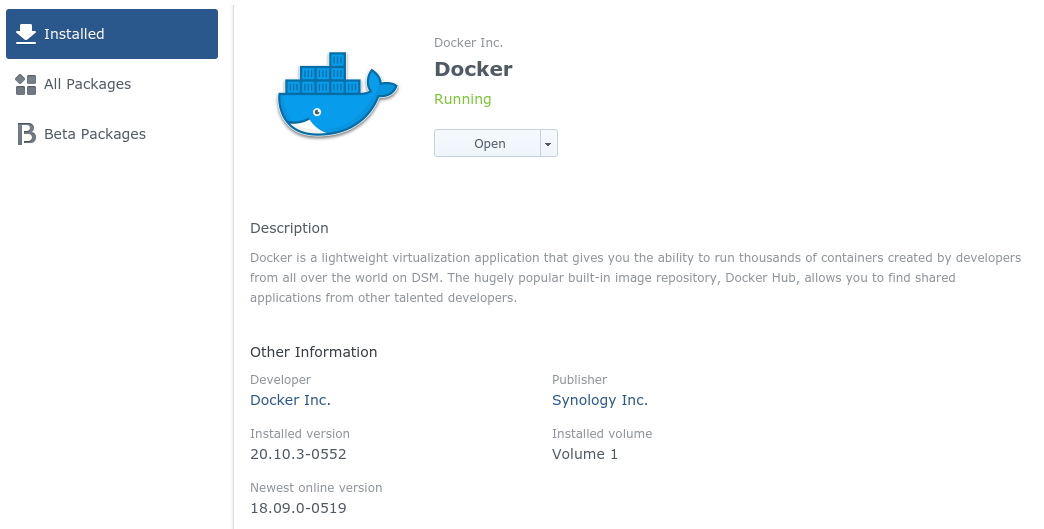 A screenshot of the Docker package installed on the NAS