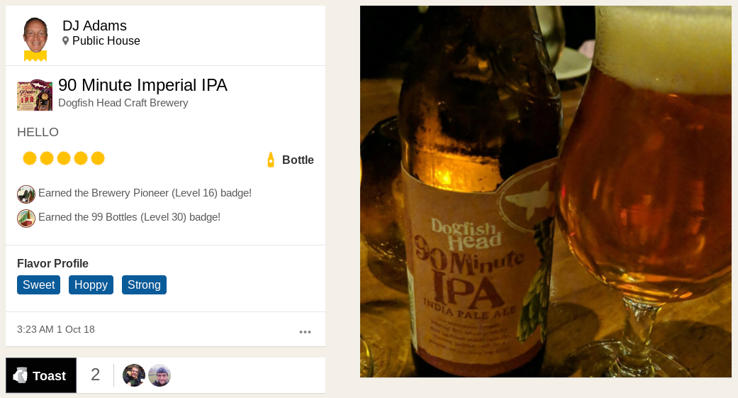 a 5 star rating to a checkin of Dogfishhead's 90 Minute Imperial IPA