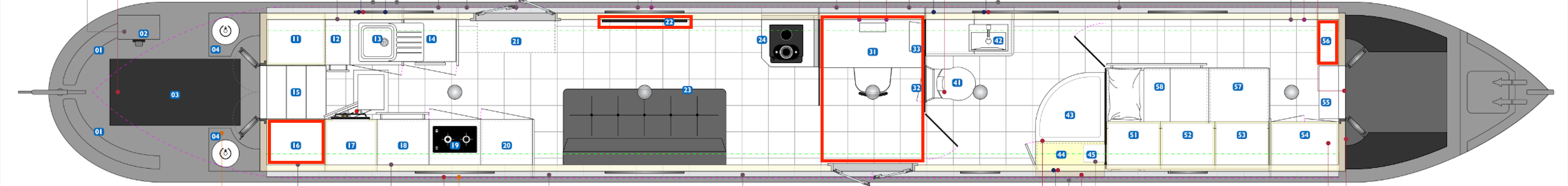 The office area on the narrowboat, highlighted in red