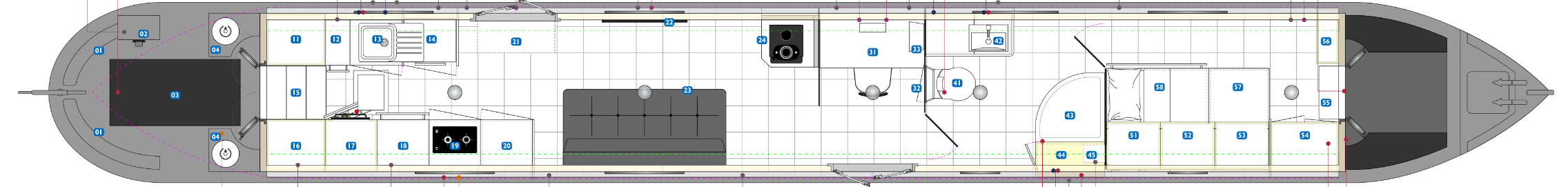 My narrowboat design, showing the entire boat length and layout details