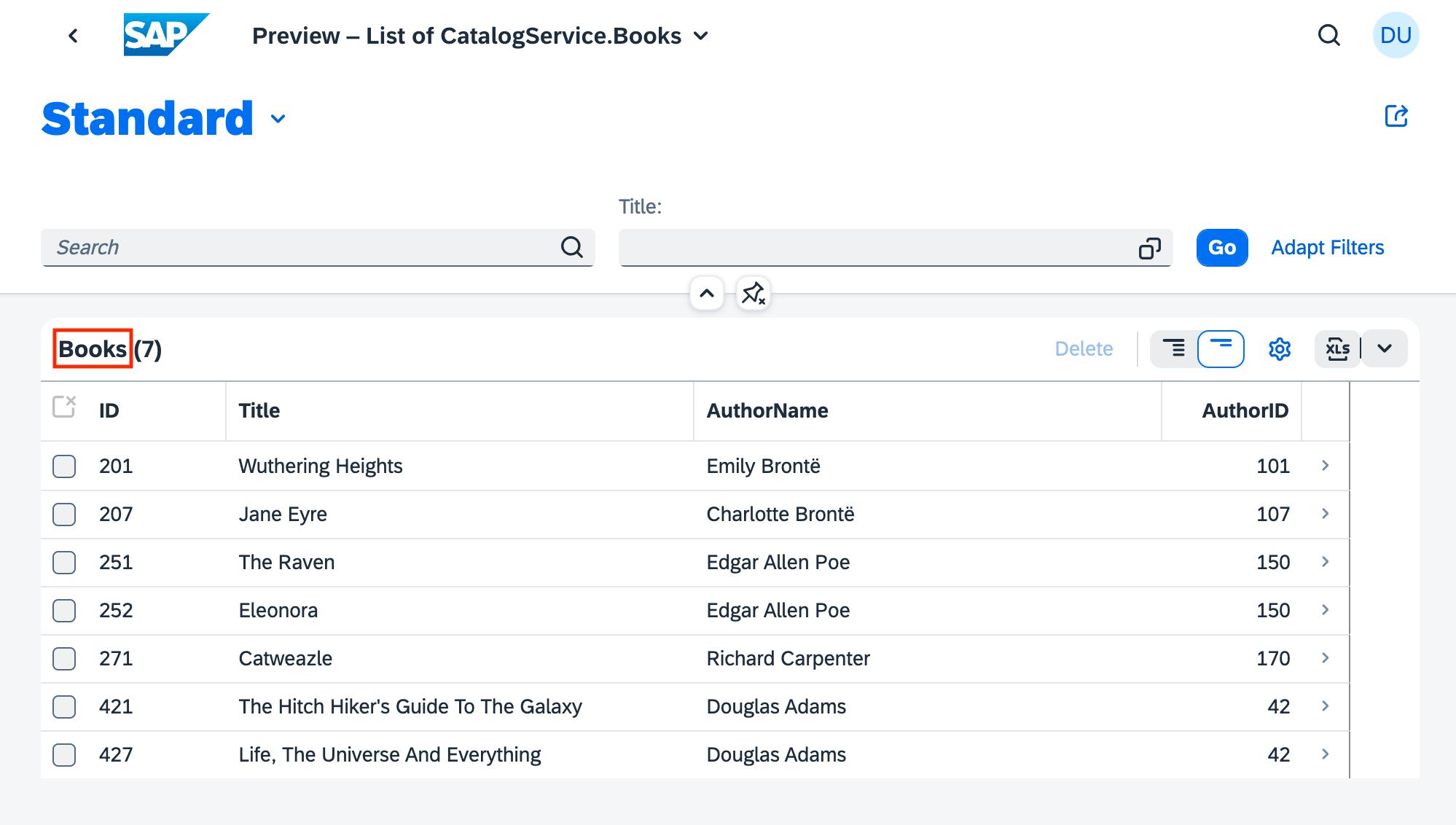 Fiori preview - list of books, with the effect of the UI.HeaderInfo annotation highlighted