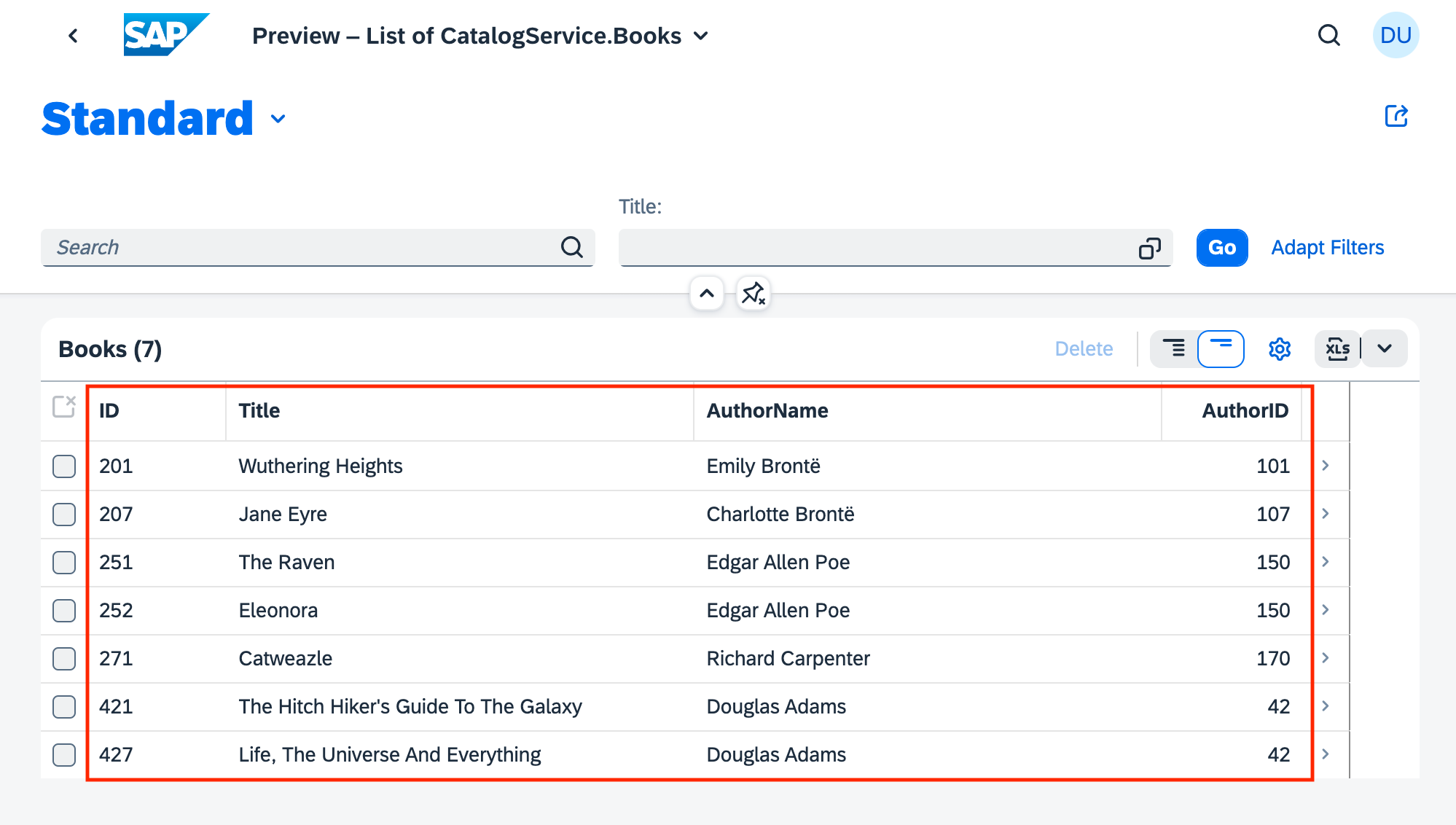 Fiori preview - list of books, with the effect of the UI.LineItem annotation highlighted
