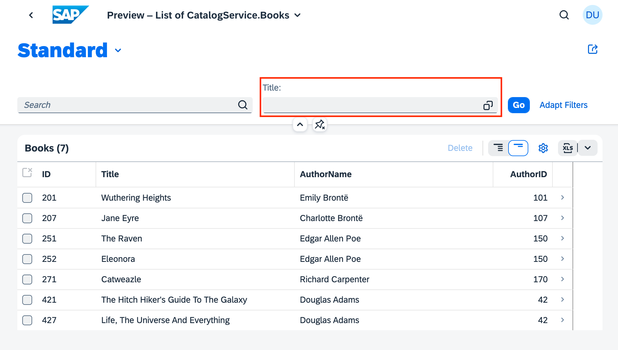 Fiori preview - list of books, with the effect of the UI.SelectionFields annotation highlighted