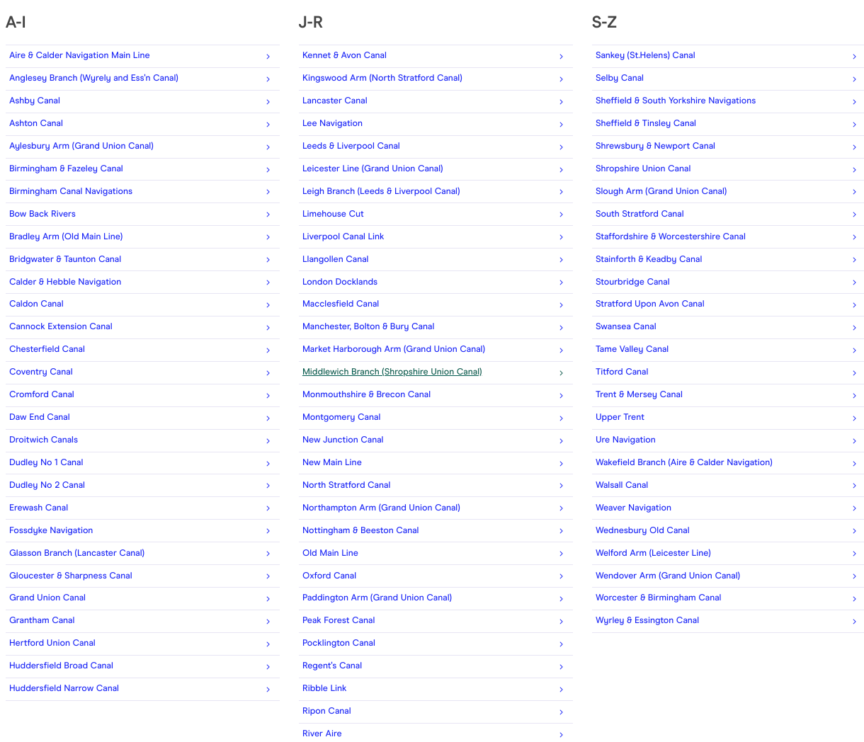A list of the canals and rivers on CRT's website