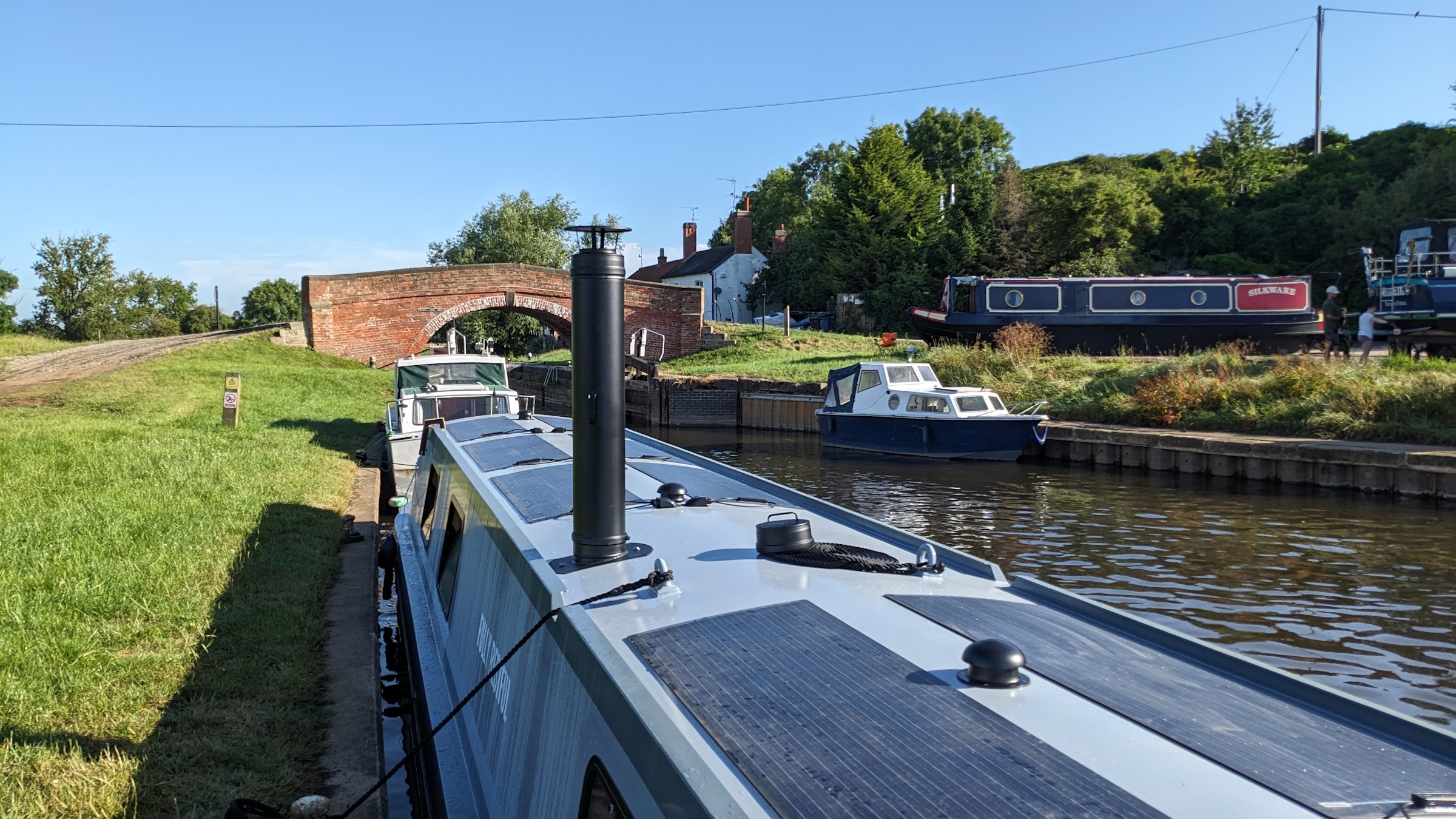 The chimney fitted to the roof of the narrowboat, at Redhill Marina