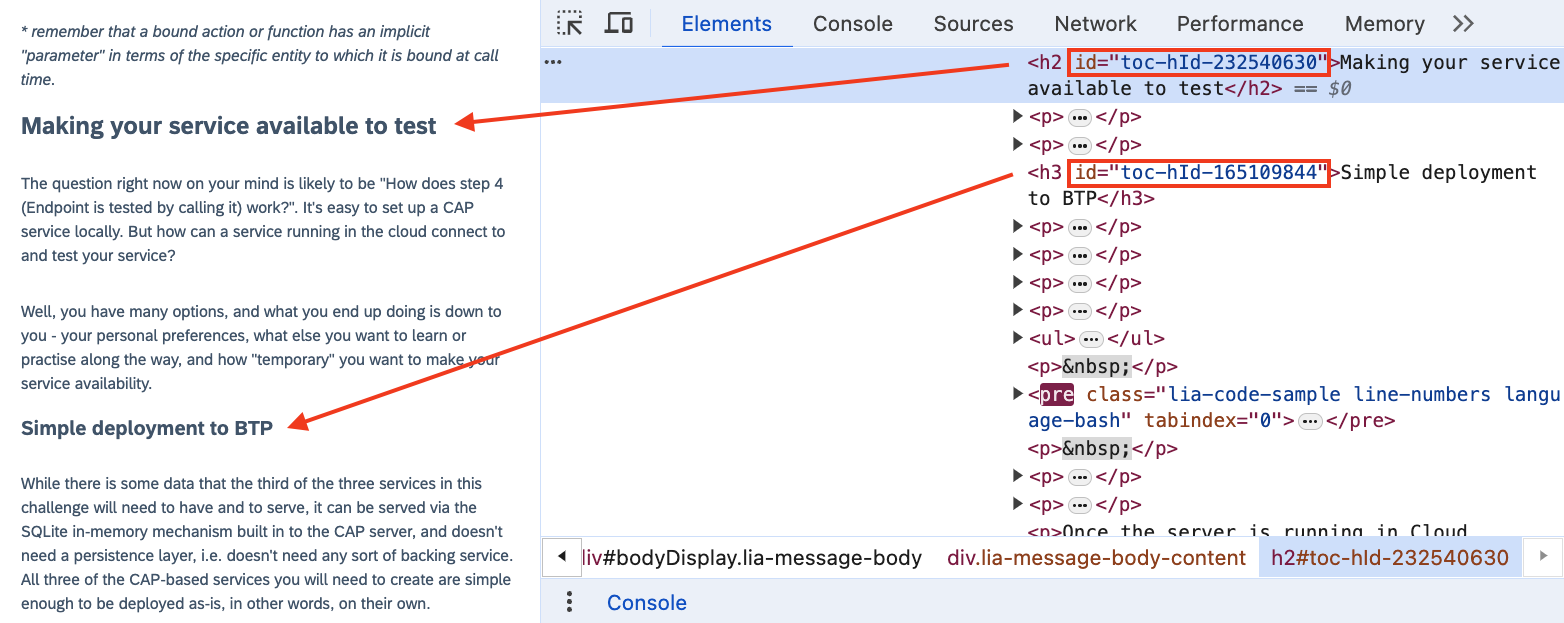 part of the document, with the Chrome Developer Tools open on the Elements tab showing the ids for the two headings highlighted