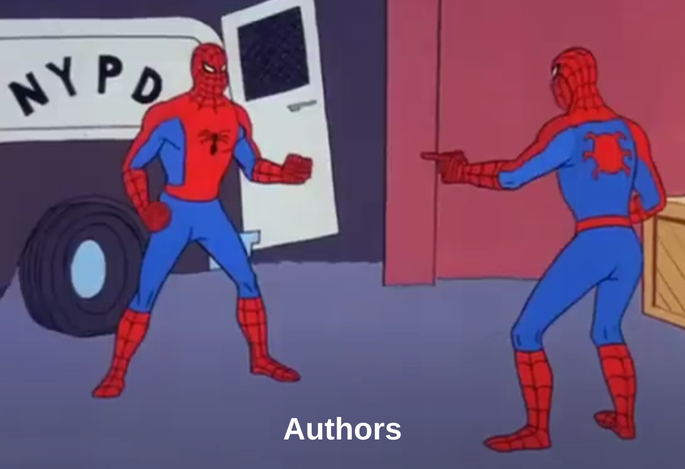 Two Spiderman characters looking at each other, with the word "Authors" below them