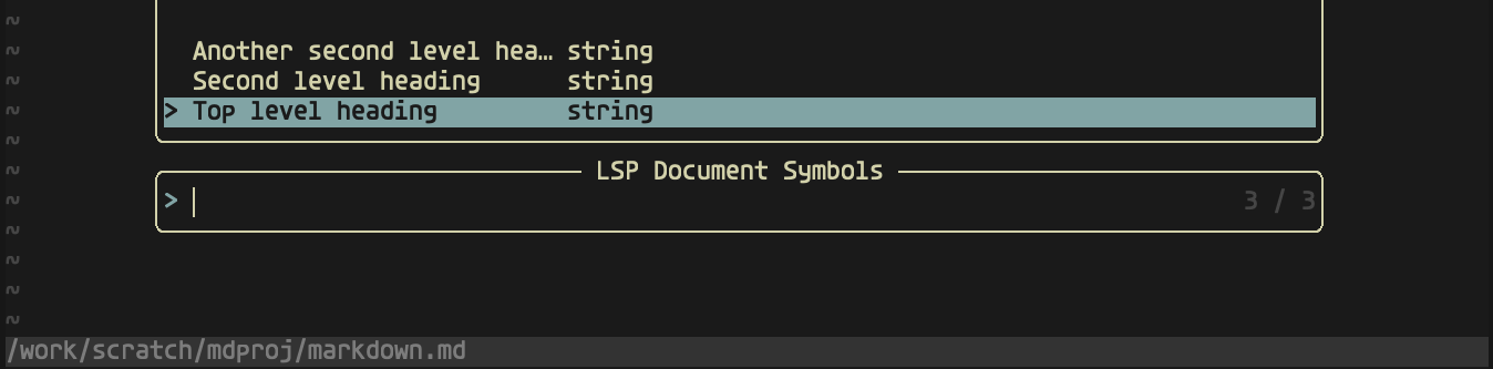 screenshot of a Telescope picker containing three document symbols, each of which is a heading in the document