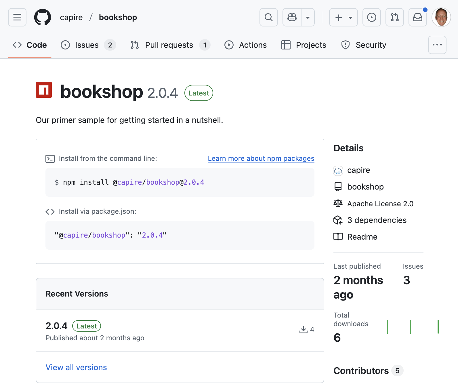 The package page for capire/bookshop on
GitHub