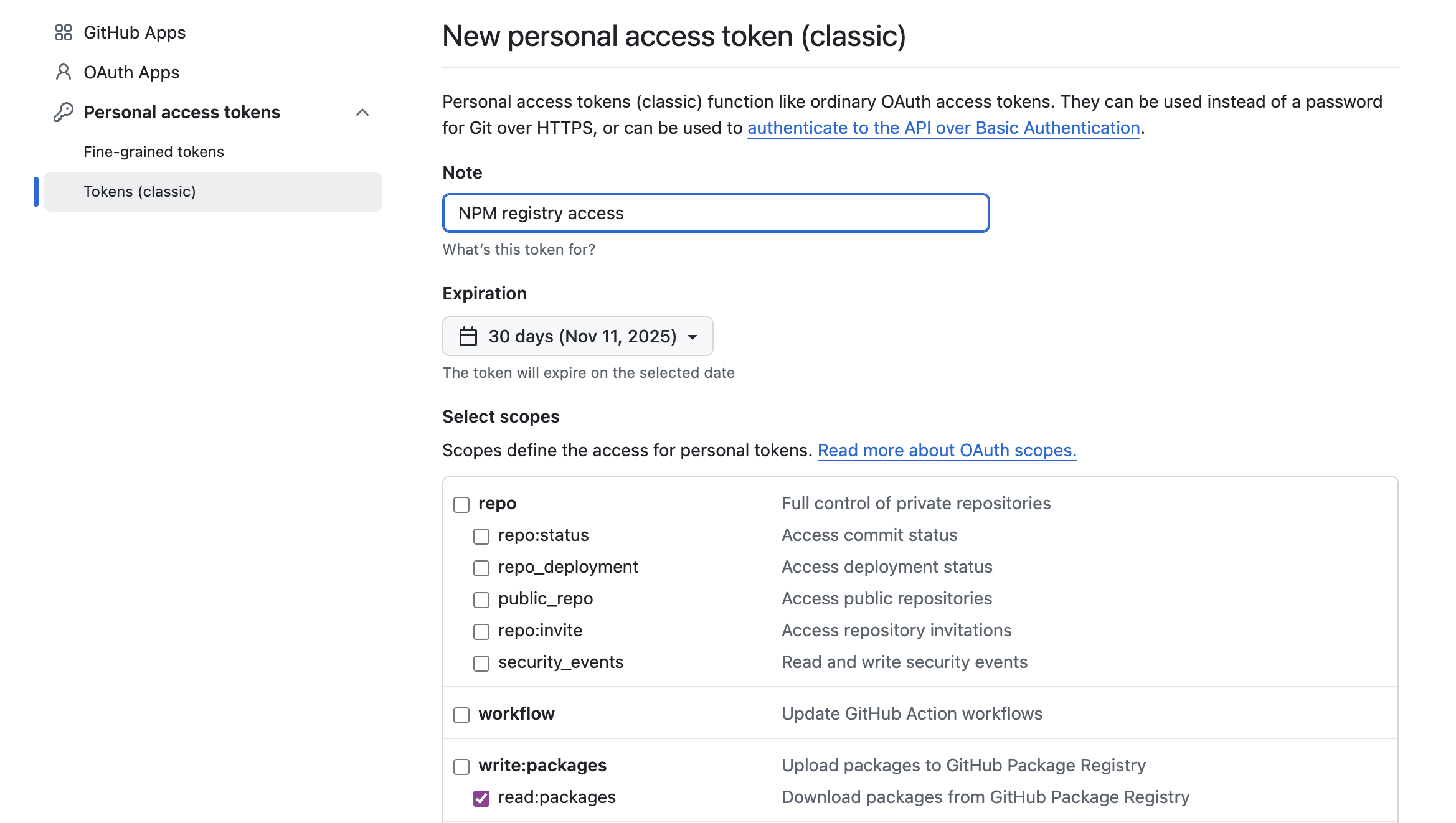 generating a personal access token (classic) with read:packages scope