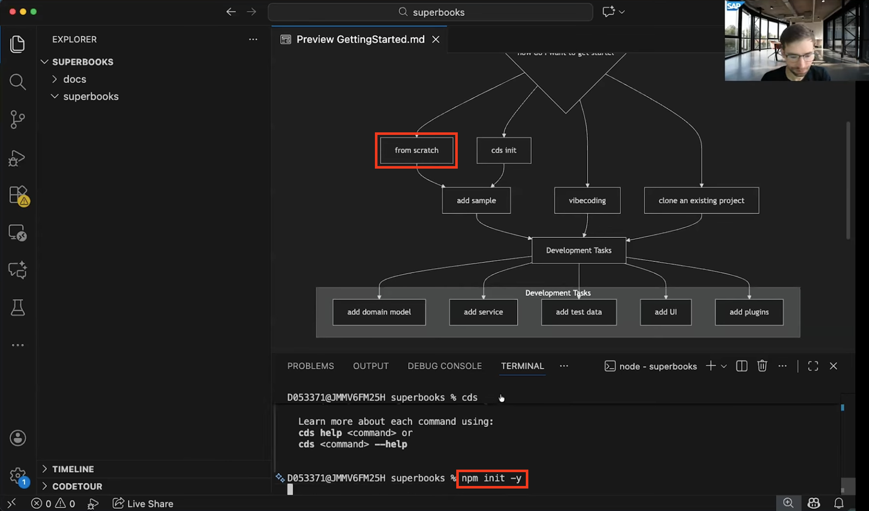 Daniel uses npm init -y to start a new CAP Node.js project from
scratch