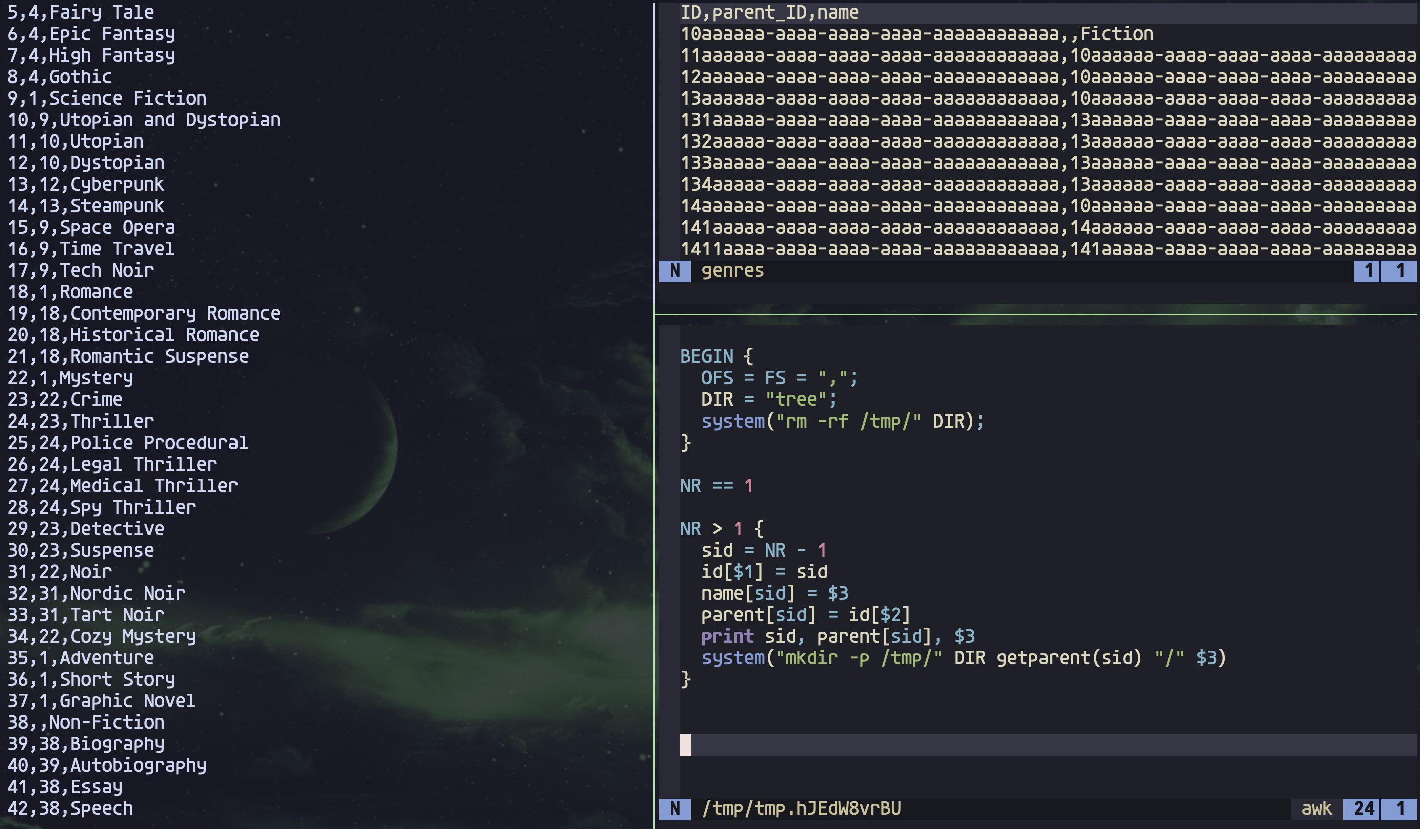 Exploring and manipulating the Genres CSV data with AWK in the 'ate'
tool