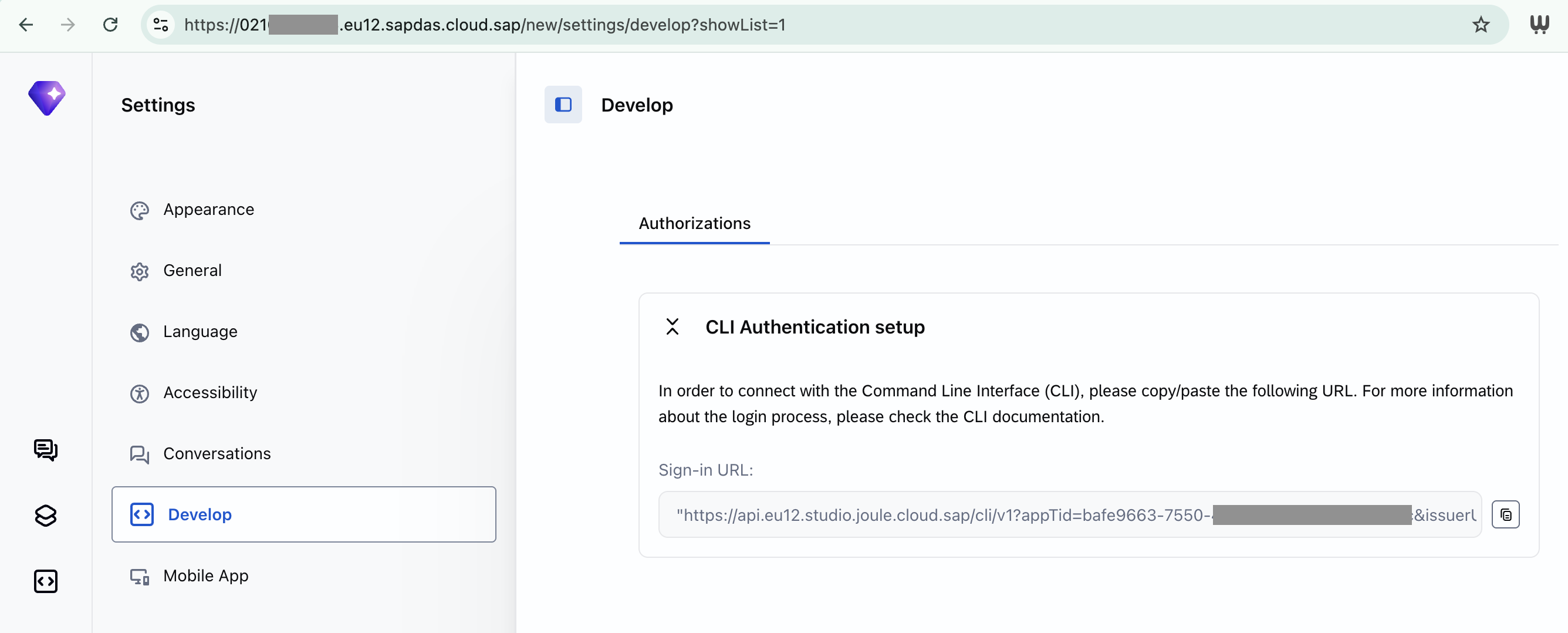The Develop > Authorization settings in Joule
Studio